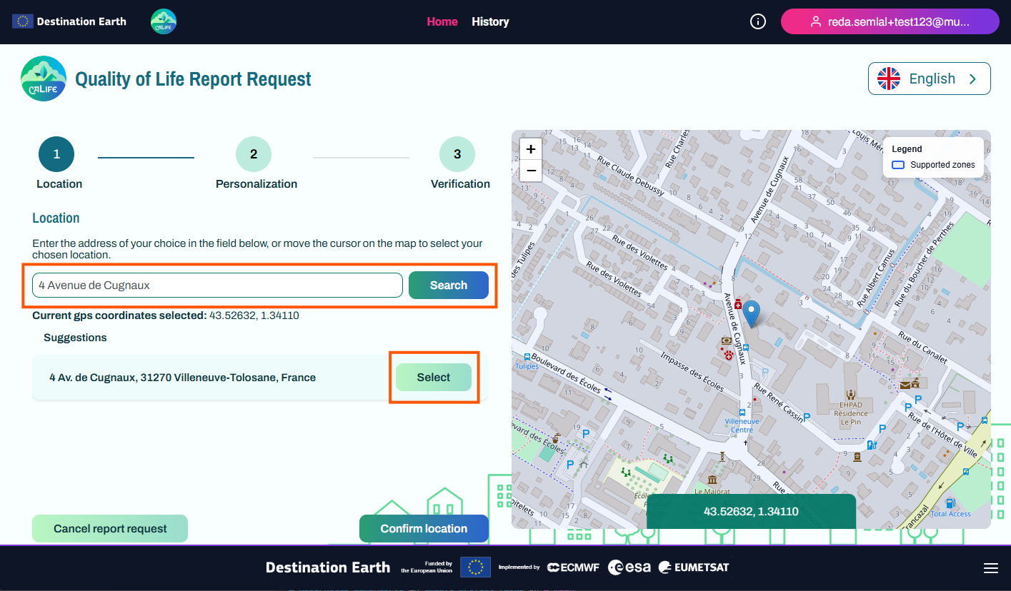 Choose a location using the search bar