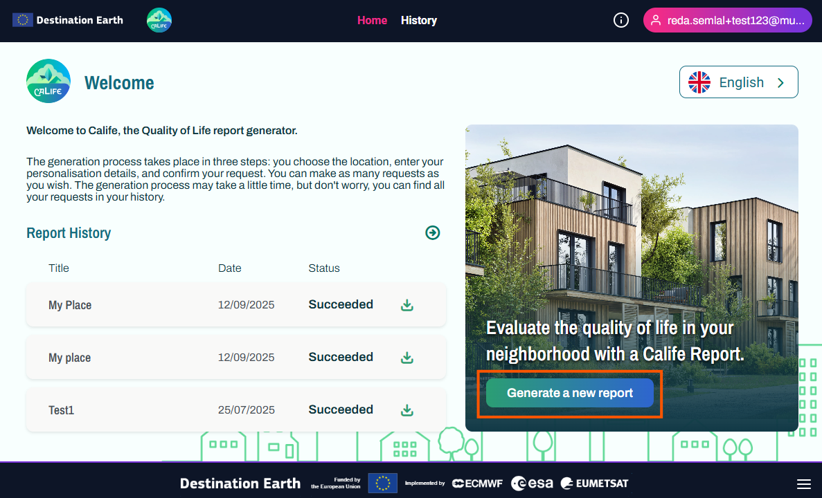 Homepage, Generate a new report button