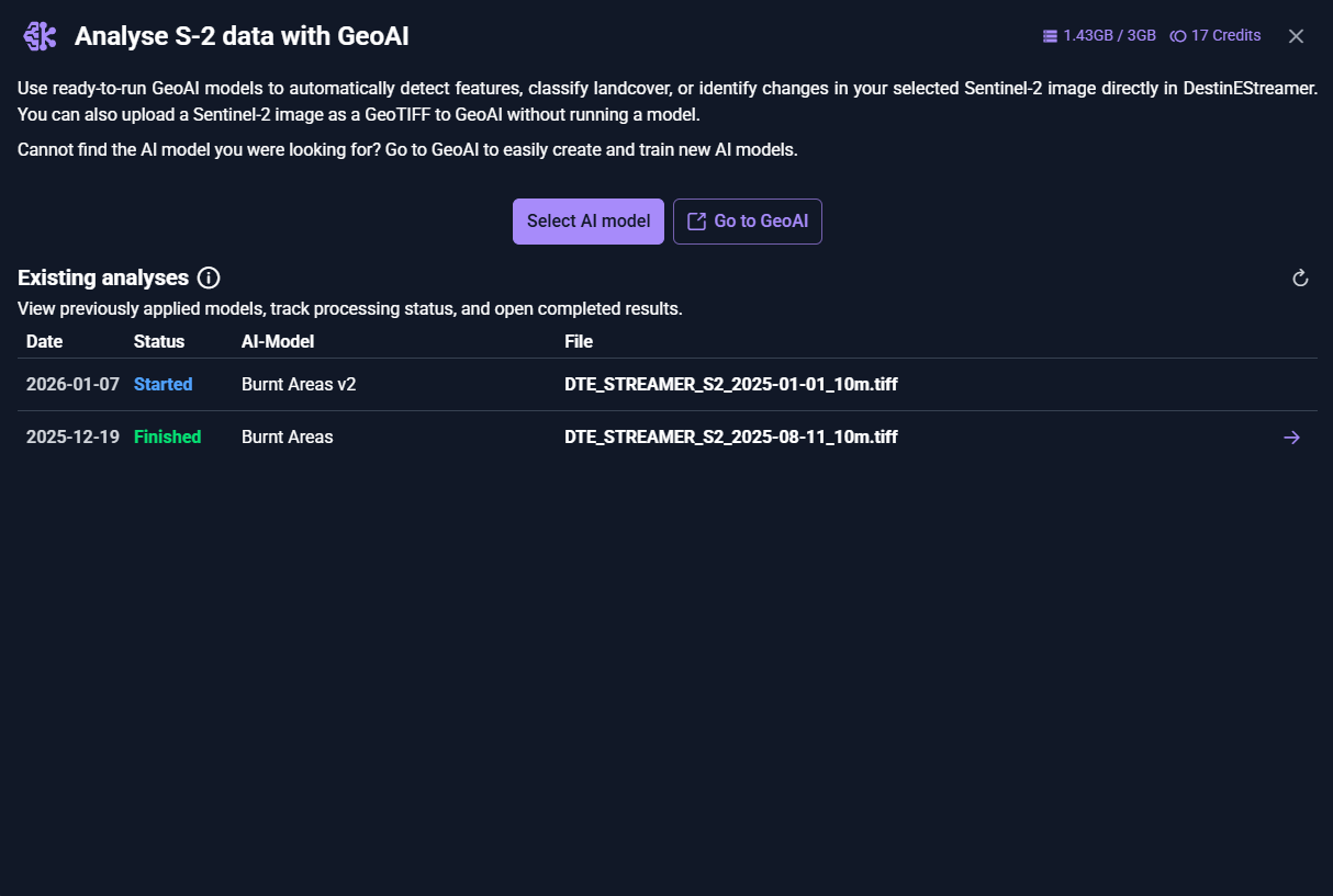 Sentinel-2 GeoAI result status