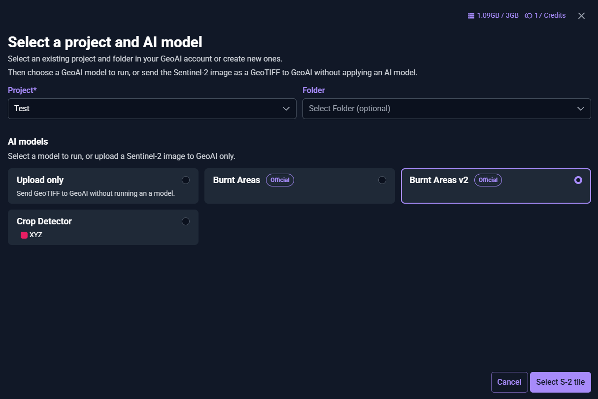 Sentinel-2 GeoAI select a project and model