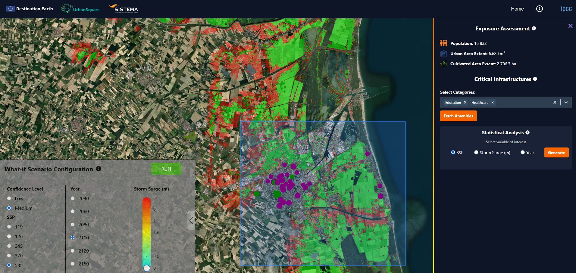 Screenshot of the sea level rise assessment in Ravena, Italy